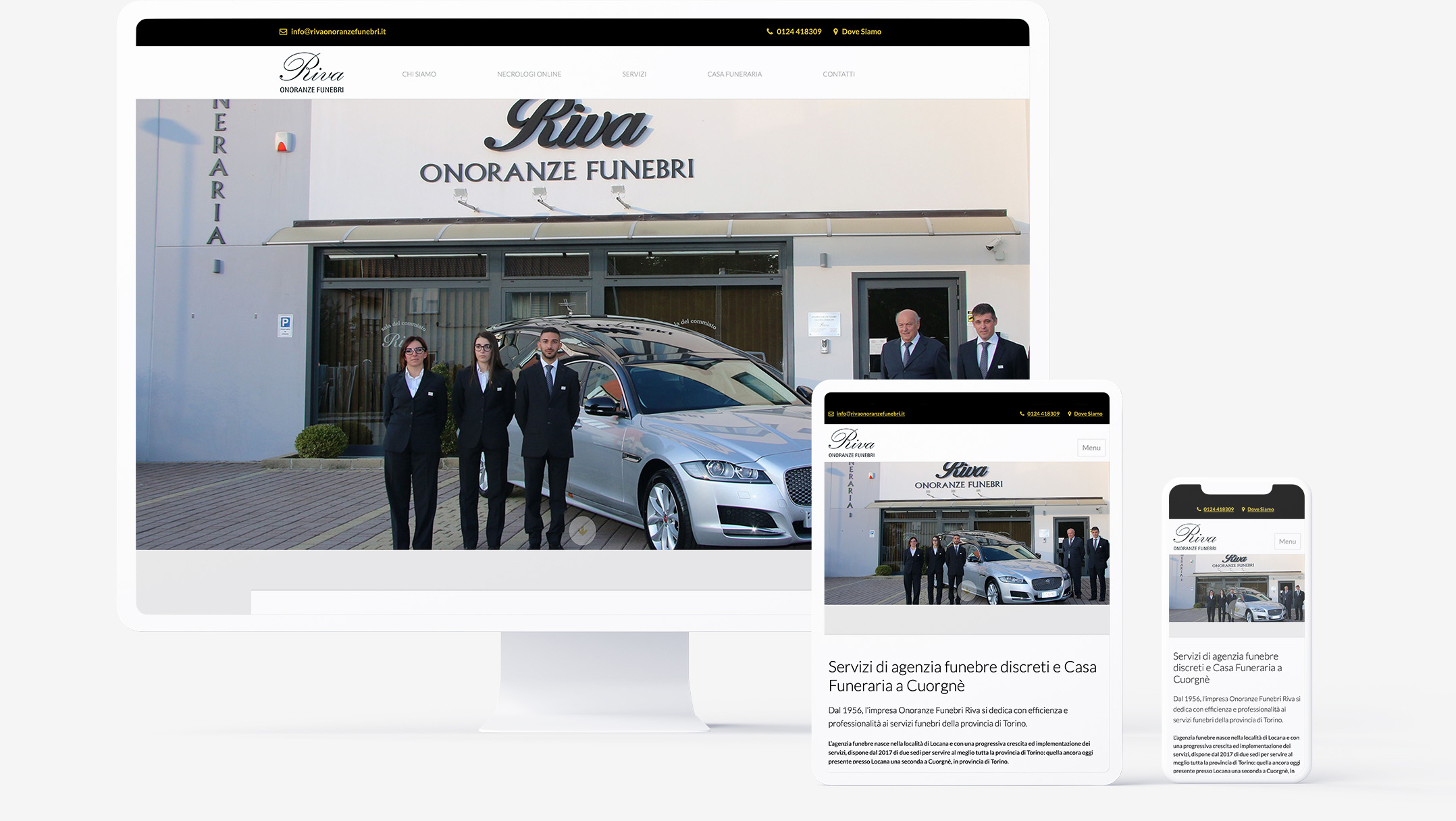 Una composizione di diversi dispositivi mostra il layout responsive del sito di Riva Onoranze Funebri