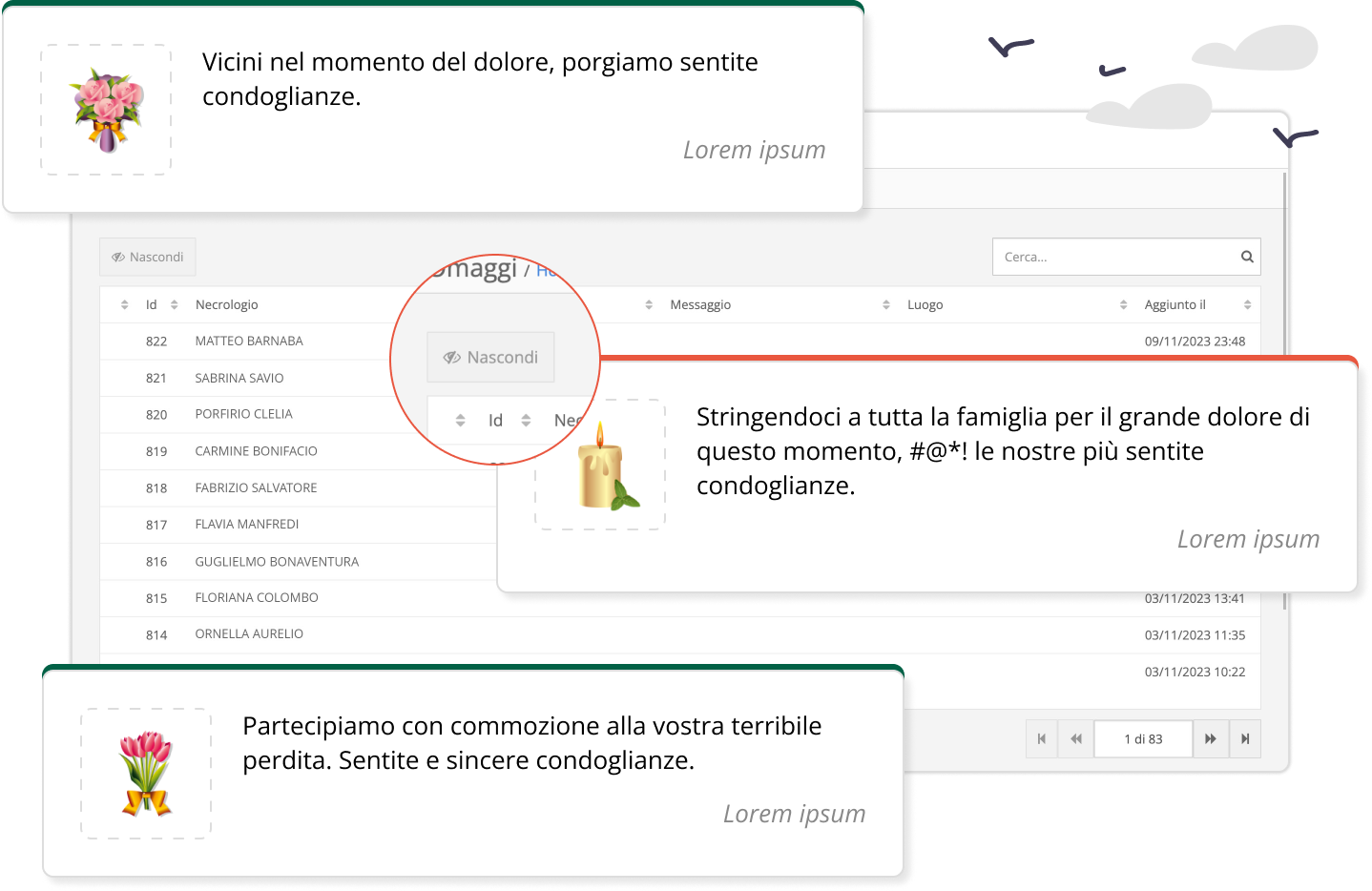 Composizione di una schermata raffigurante diversi omaggi lasciati dagli utenti.